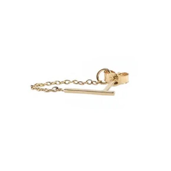 Solid 14k Yellow Gold Delicate Ballerina Bar Stud Chain Earring Dainty Piercing - Picture 2 of 6
